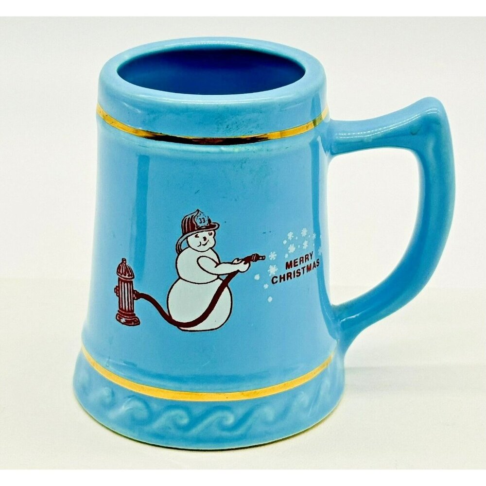Miniature Fireman Snowman Merry Christmas Tankard Mug Ceramic Baby Blue 3 inch‎